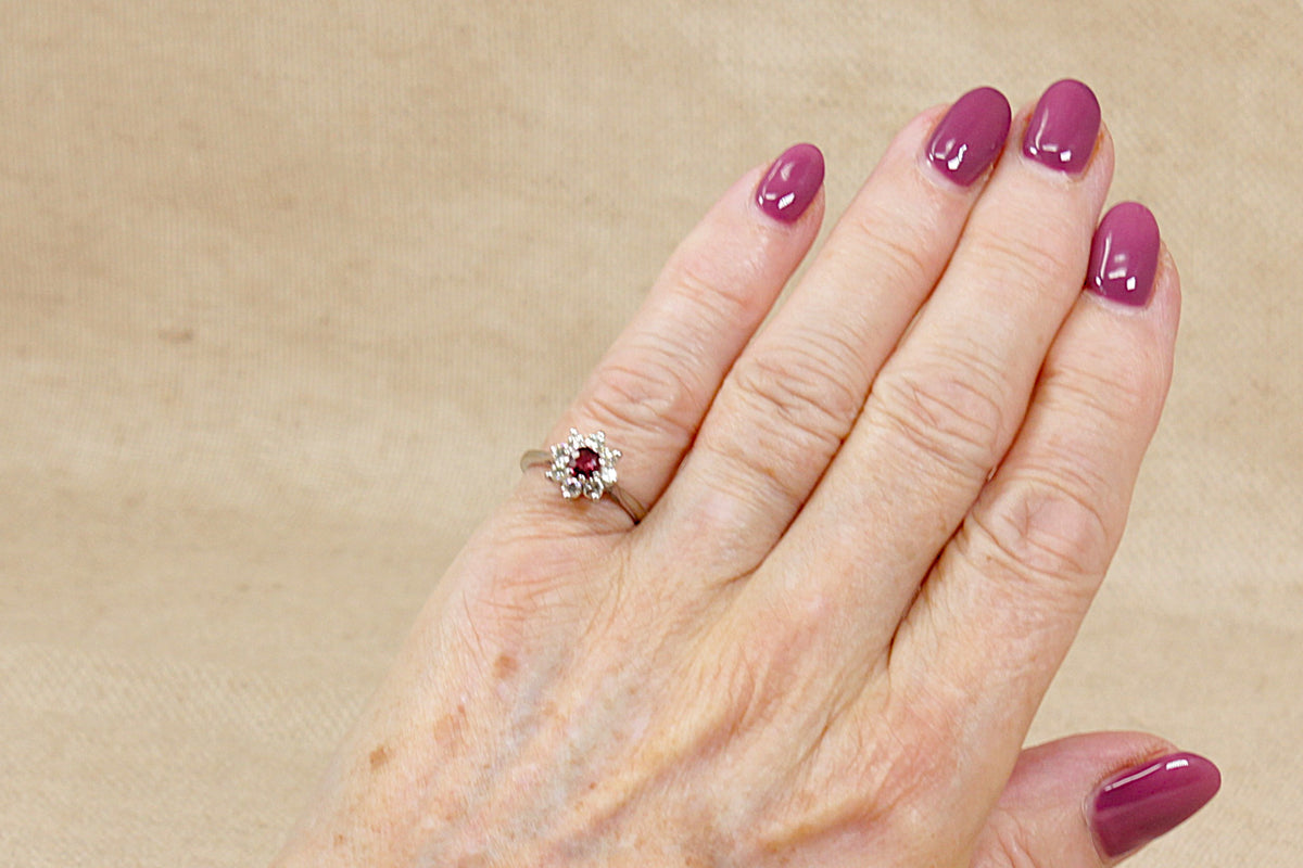 Elegant 18ct White Gold Ruby & Diamond Cluster Ring