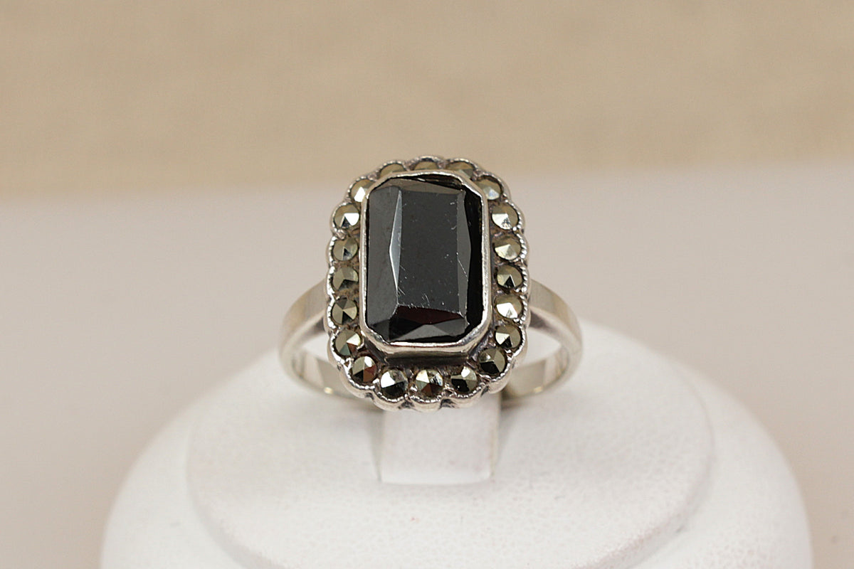 Art Deco Style Sterling Silver, Hematite & Marcasite Ring