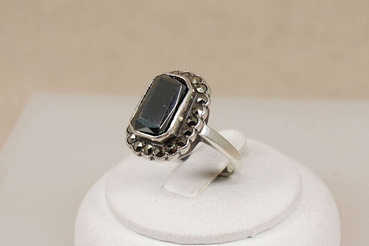 Art Deco Style Sterling Silver, Hematite & Marcasite Ring