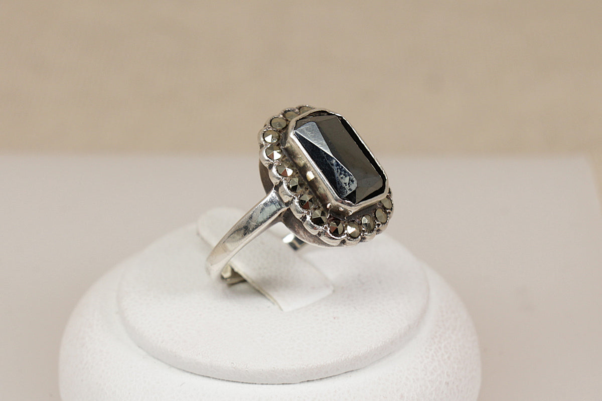 Art Deco Style Sterling Silver, Hematite & Marcasite Ring