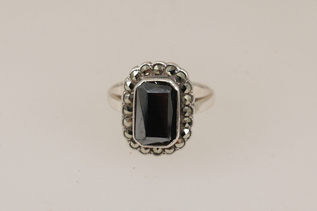 Art Deco Style Sterling Silver, Hematite & Marcasite Ring
