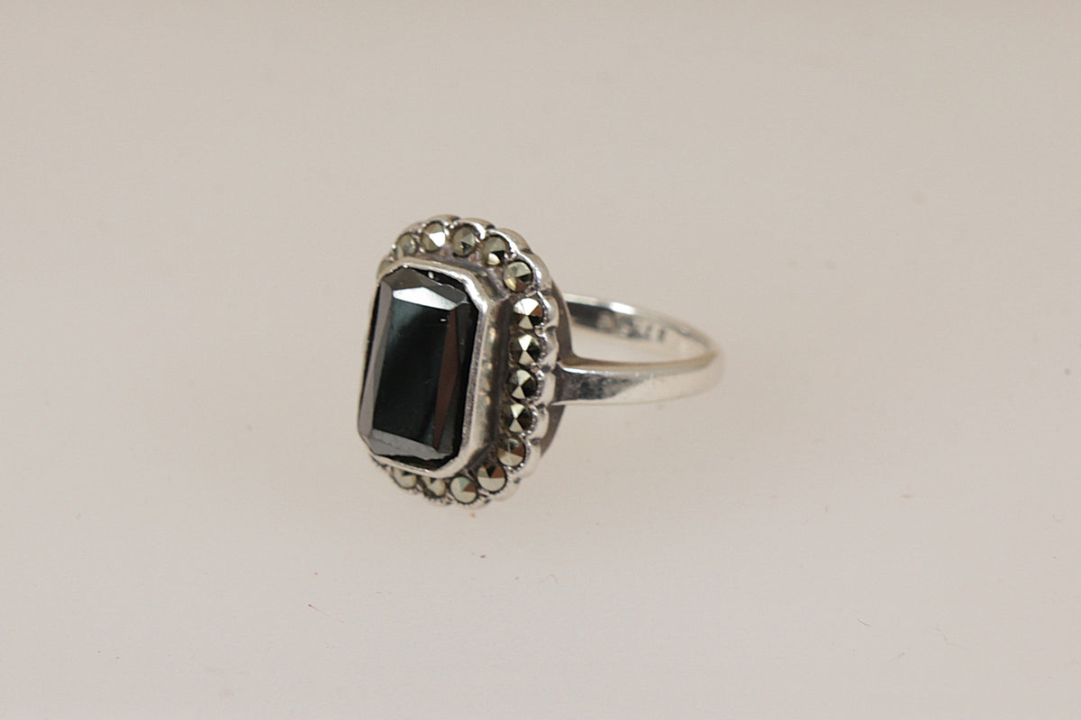 Art Deco Style Sterling Silver, Hematite & Marcasite Ring