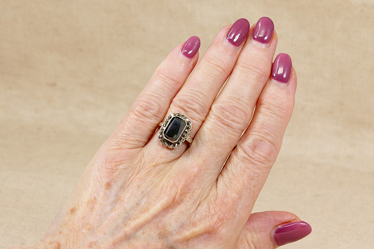 Art Deco Style Sterling Silver, Hematite & Marcasite Ring