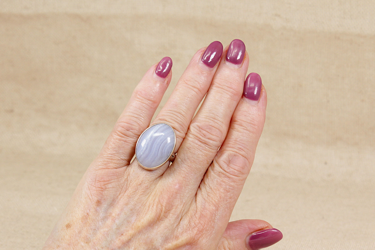 Large Sterling Silver & Blue Lace Agate Statement Ring