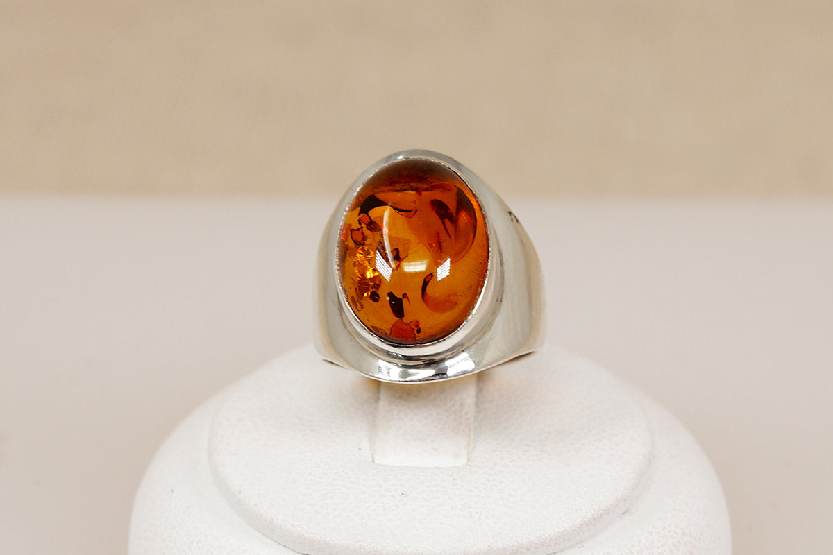 Sterling Silver Baltic Amber Cabochon Solitaire Ring with Natural Inclusions