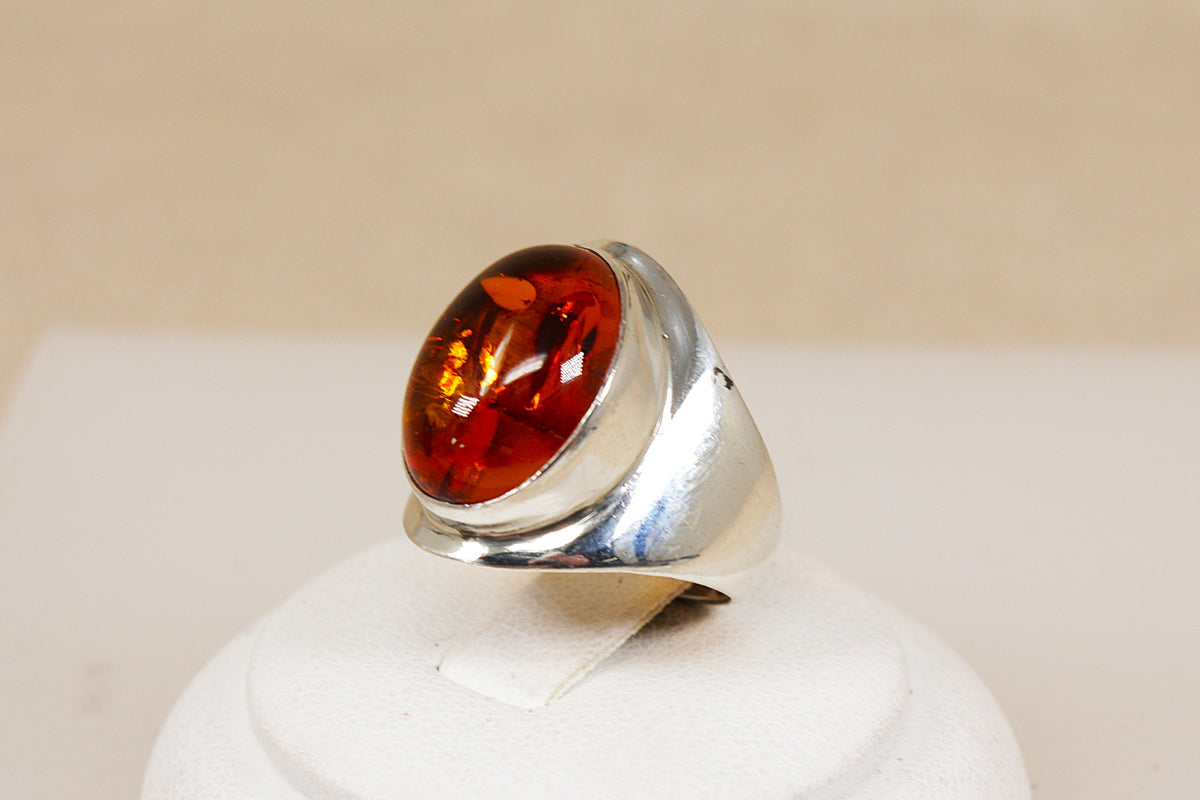 Sterling Silver Baltic Amber Cabochon Solitaire Ring with Natural Inclusions