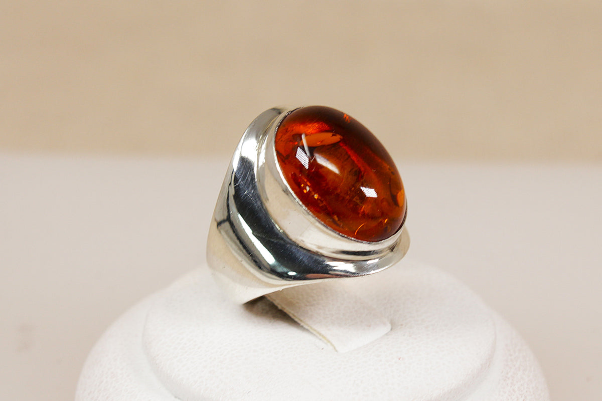 Sterling Silver Baltic Amber Cabochon Solitaire Ring with Natural Inclusions