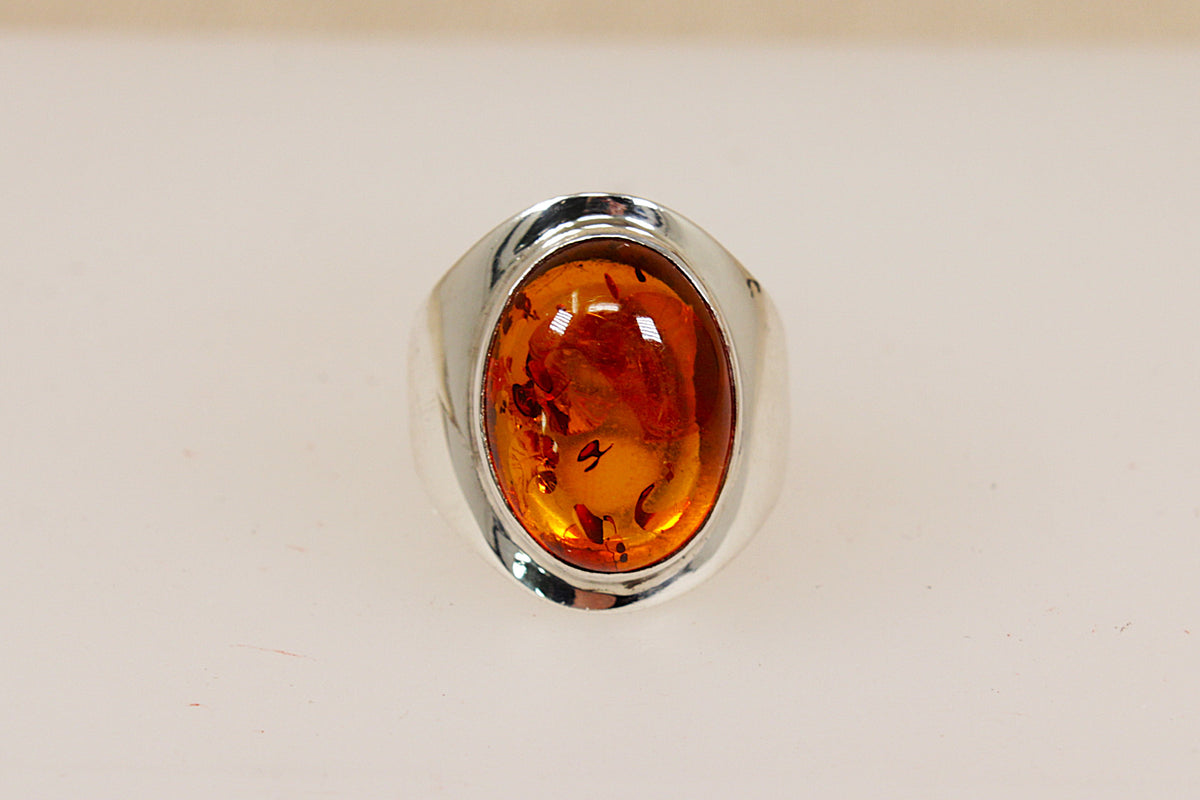 Sterling Silver Baltic Amber Cabochon Solitaire Ring with Natural Inclusions