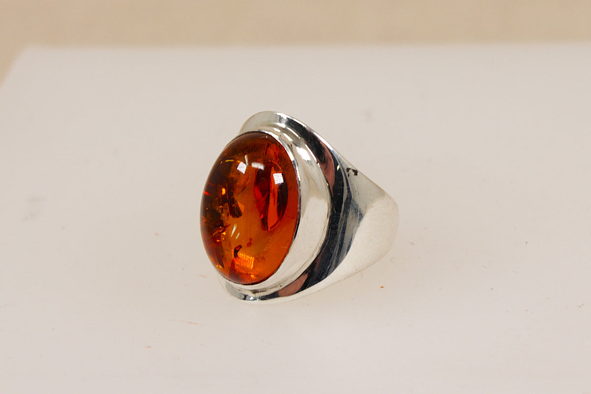 Sterling Silver Baltic Amber Cabochon Solitaire Ring with Natural Inclusions