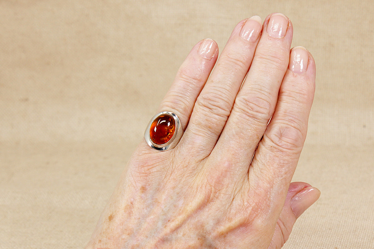 Sterling Silver Baltic Amber Cabochon Solitaire Ring with Natural Inclusions