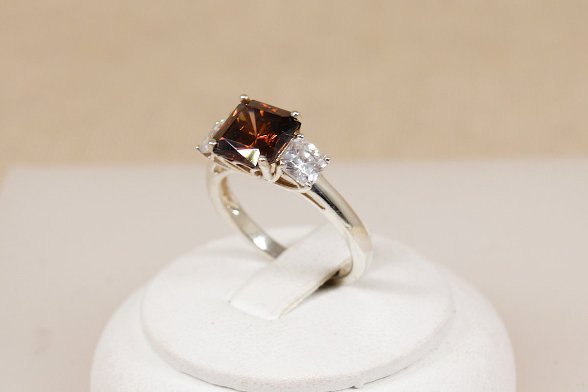 Sterling Silver Smoky & White Crystal Trilogy Ring