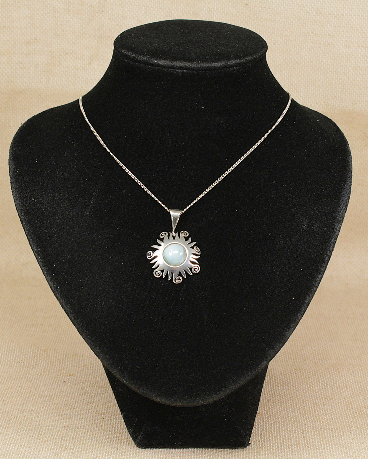Silver Blue Sea Glass Sunburst Pendant & Chain Necklace