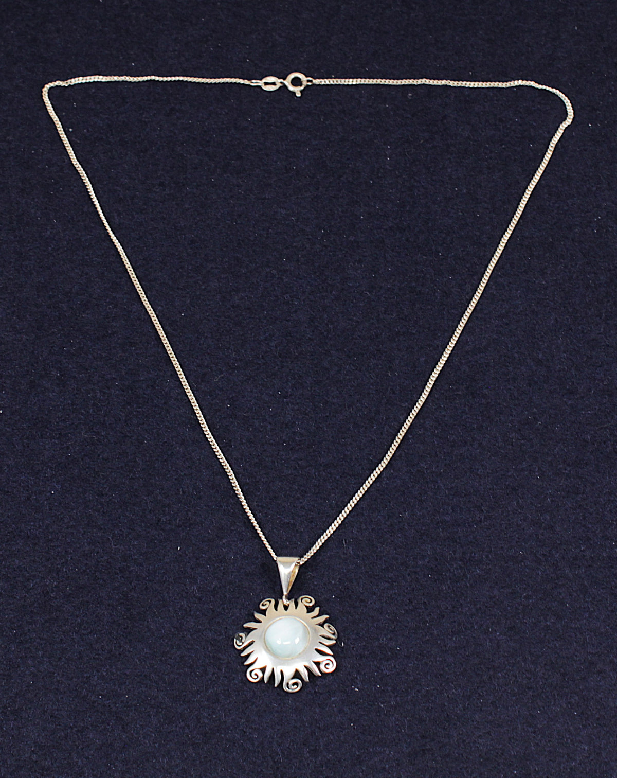 Silver Blue Sea Glass Sunburst Pendant & Chain Necklace