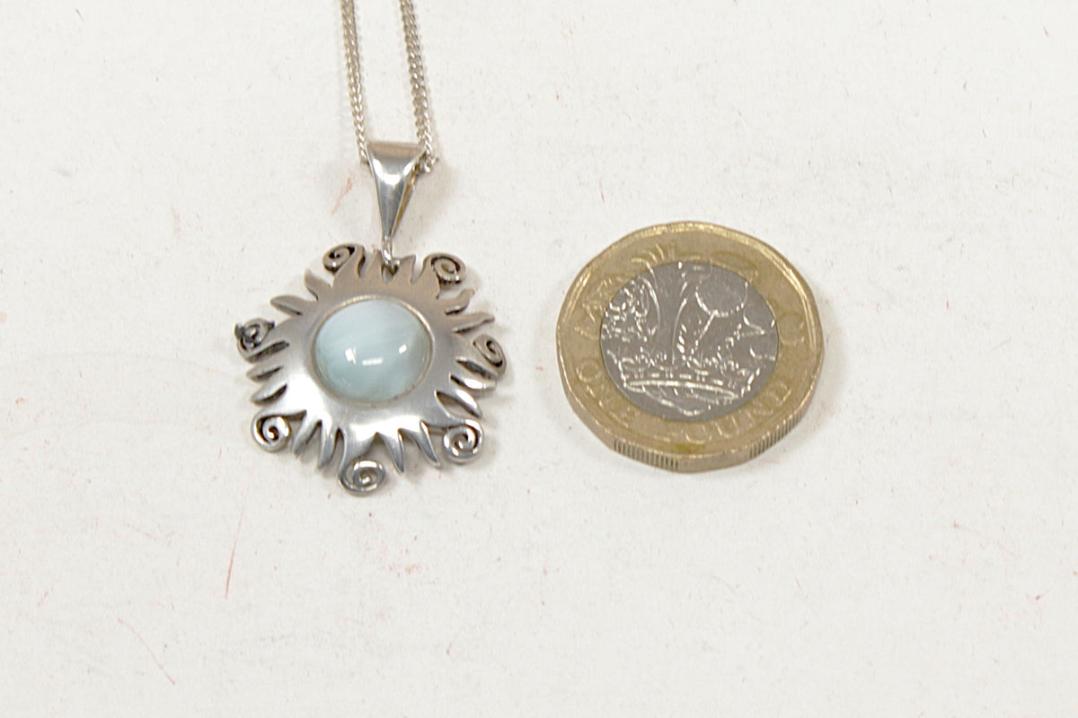Silver Blue Sea Glass Sunburst Pendant & Chain Necklace