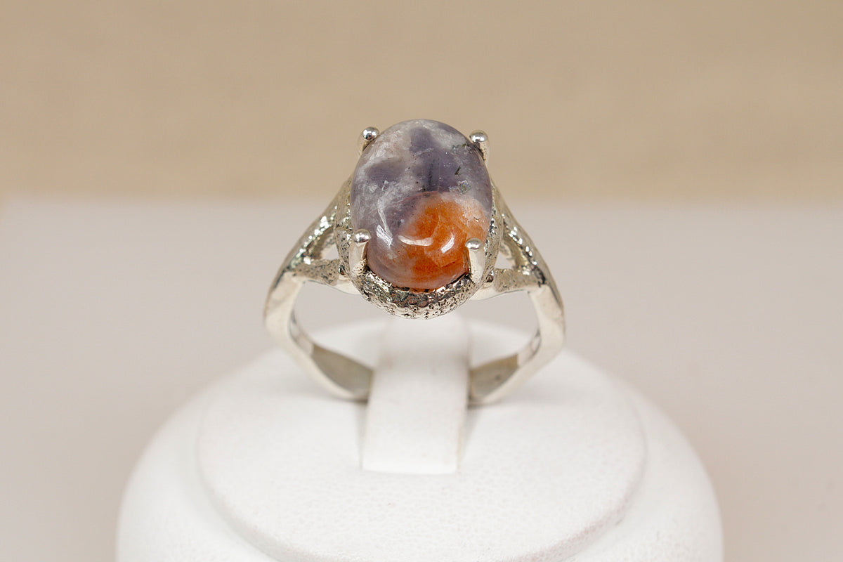 Bold Sterling Silver Orange-Grey Agate Brutalist Style Statement Ring