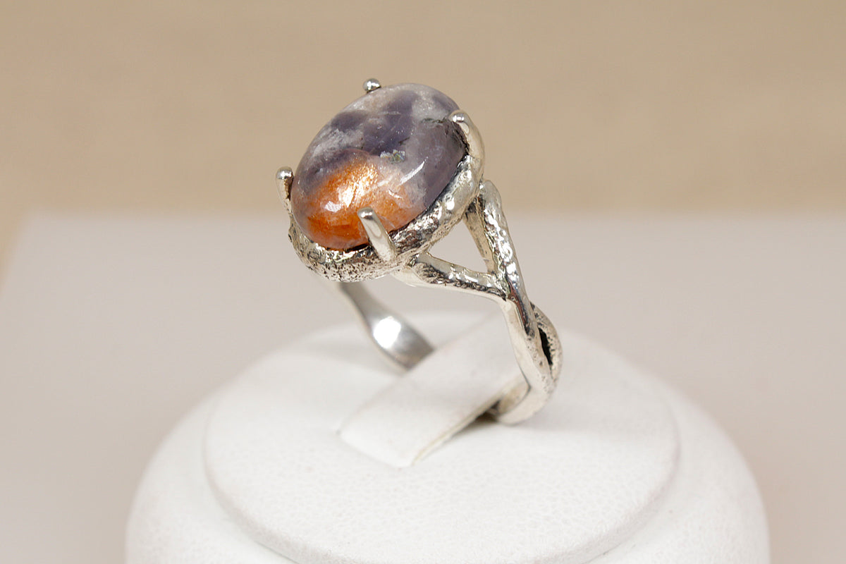 Bold Sterling Silver Orange-Grey Agate Brutalist Style Statement Ring