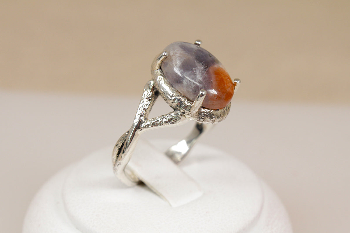 Bold Sterling Silver Orange-Grey Agate Brutalist Style Statement Ring