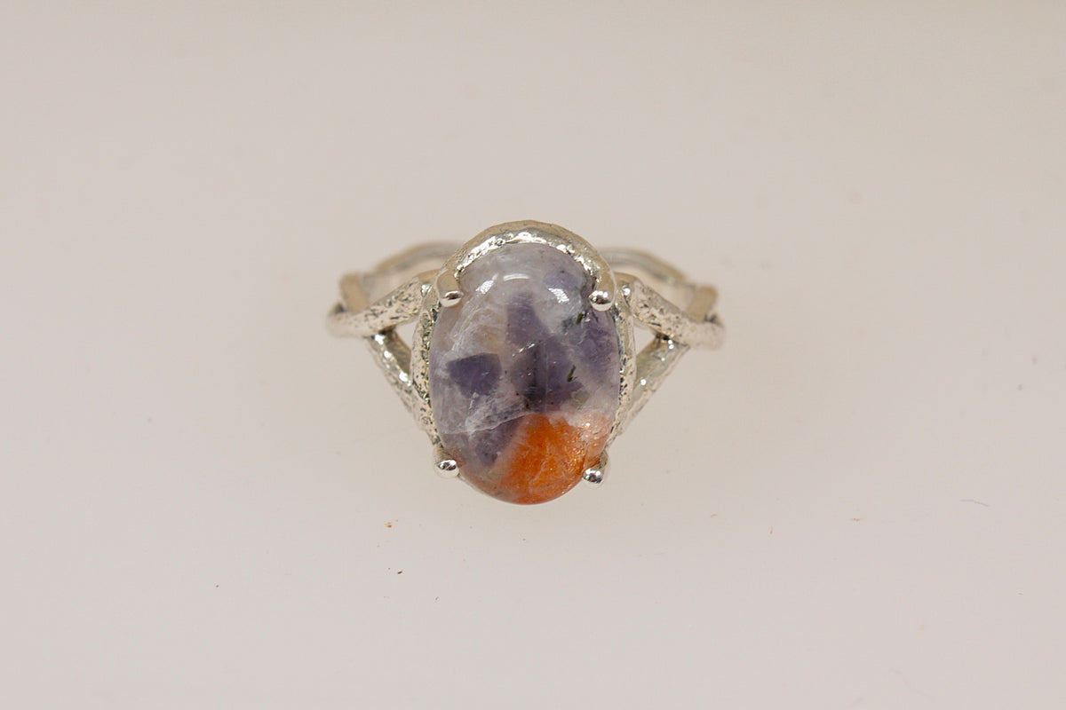 Bold Sterling Silver Orange-Grey Agate Brutalist Style Statement Ring