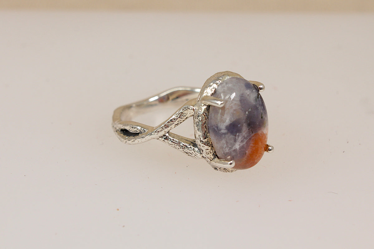 Bold Sterling Silver Orange-Grey Agate Brutalist Style Statement Ring
