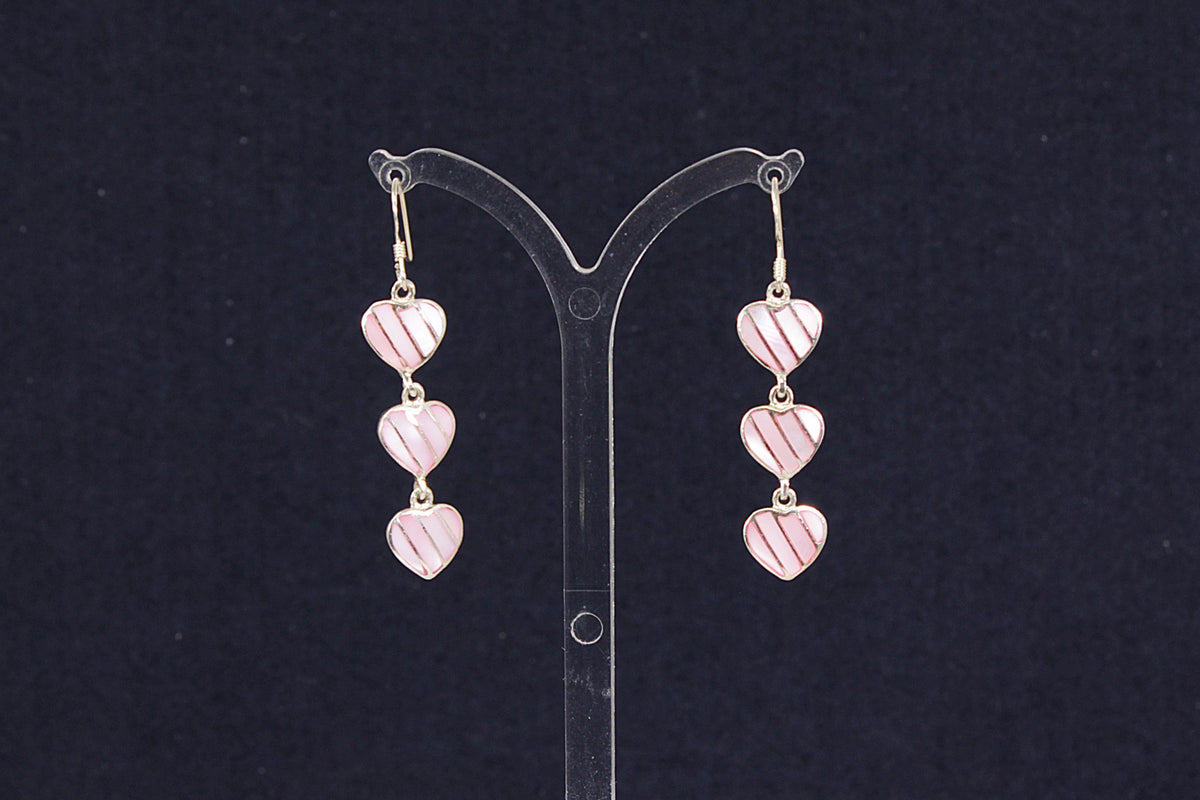 Sterling Silver Pink Mother of Pearl Graduated Heart Drop Earrings