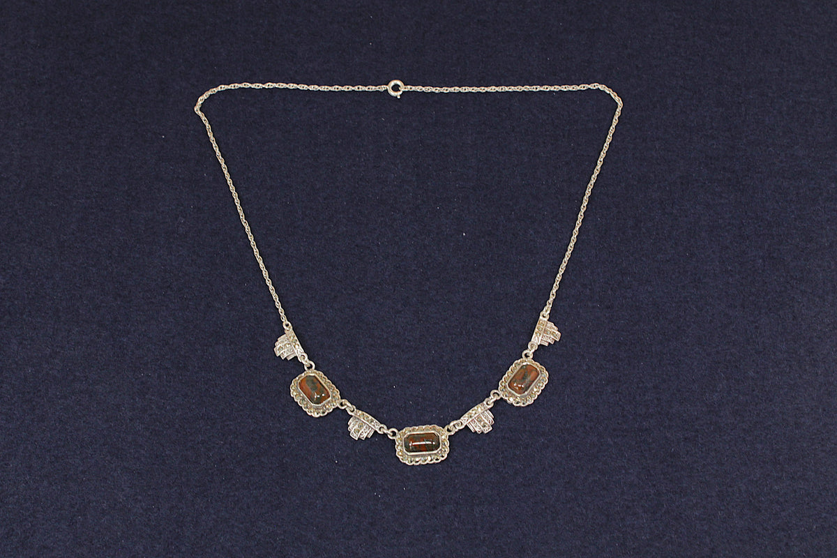 Stylish Vintage Art Deco Style Sterling Silver Amber & Marcasite Necklace