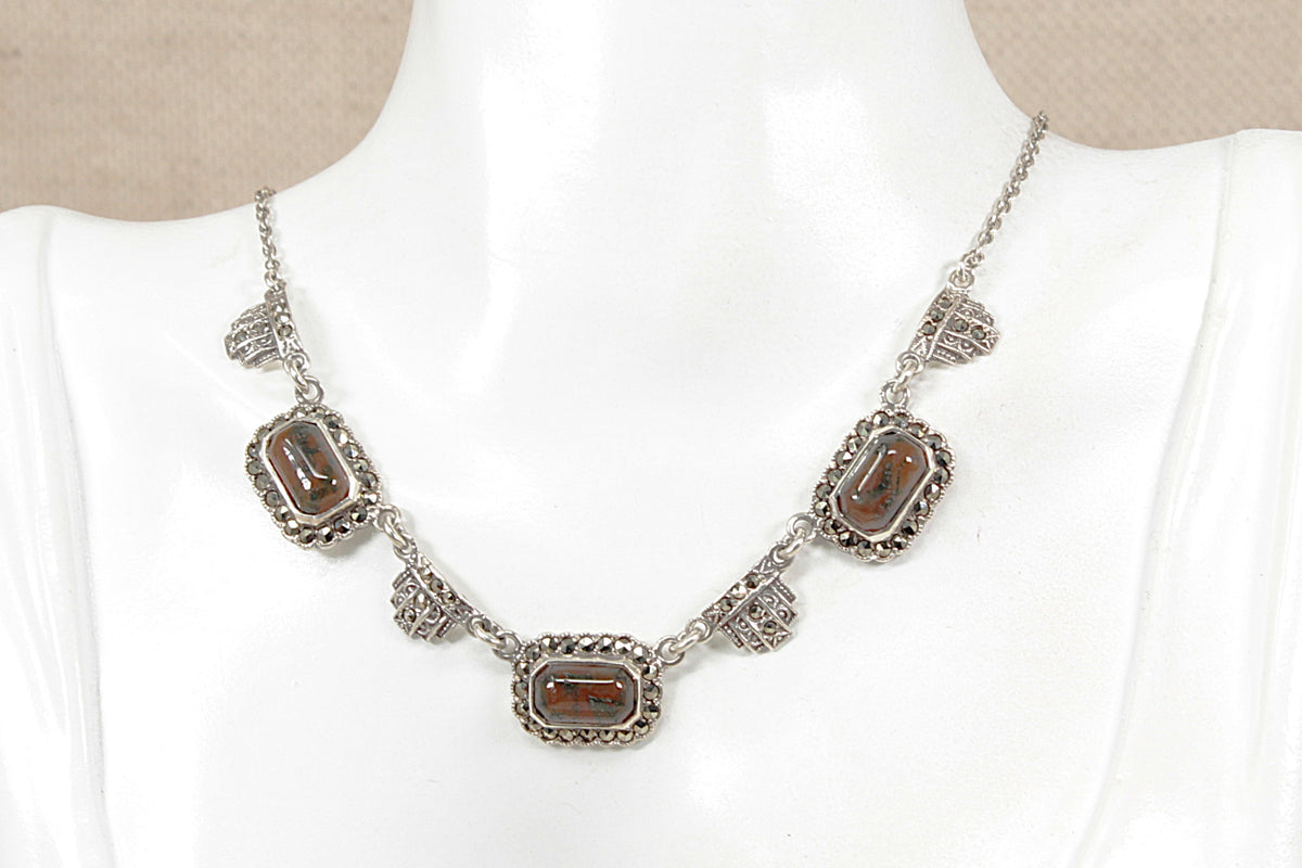 Stylish Vintage Art Deco Style Sterling Silver Amber & Marcasite Necklace