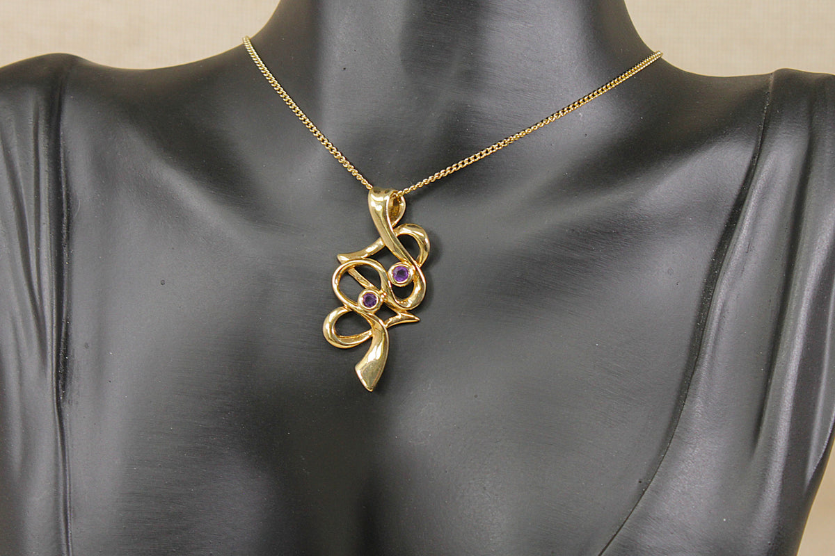 Vintage Clogau 9ct Gold & Amethyst Double Heart Pendant – 1981