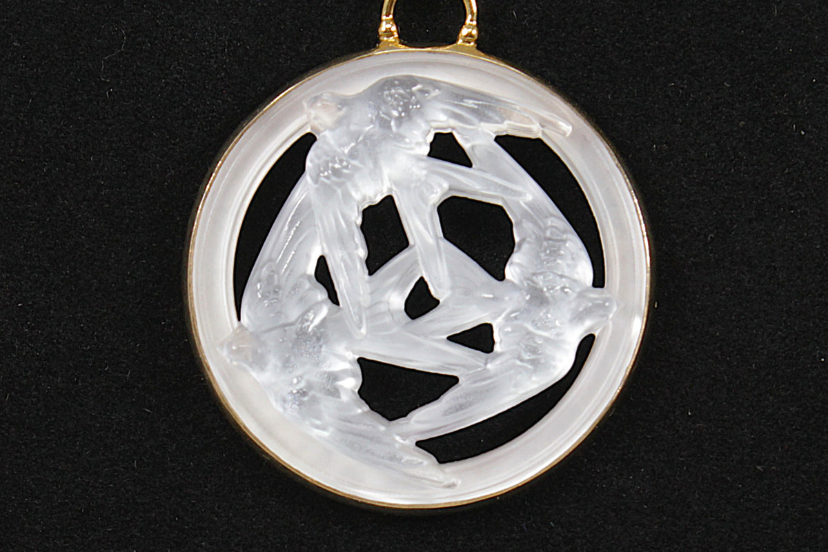Classic Lalique Hirondelles Three Swallows Crystal Pendant – Vermeil Gold on Silver