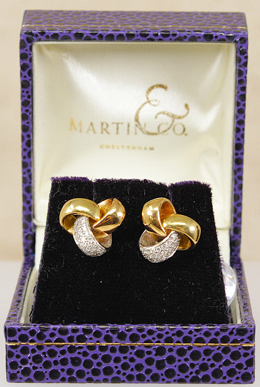 Beautiful Martin & Co. 18ct Gold Three-Tone Diamond Knot Earrings