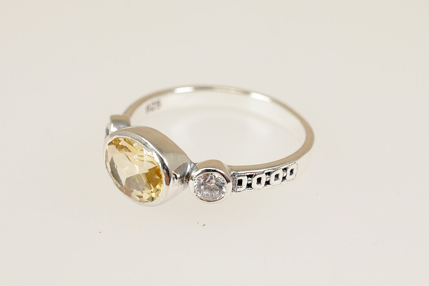 Silver Citrine and C Z Trilogy Ring