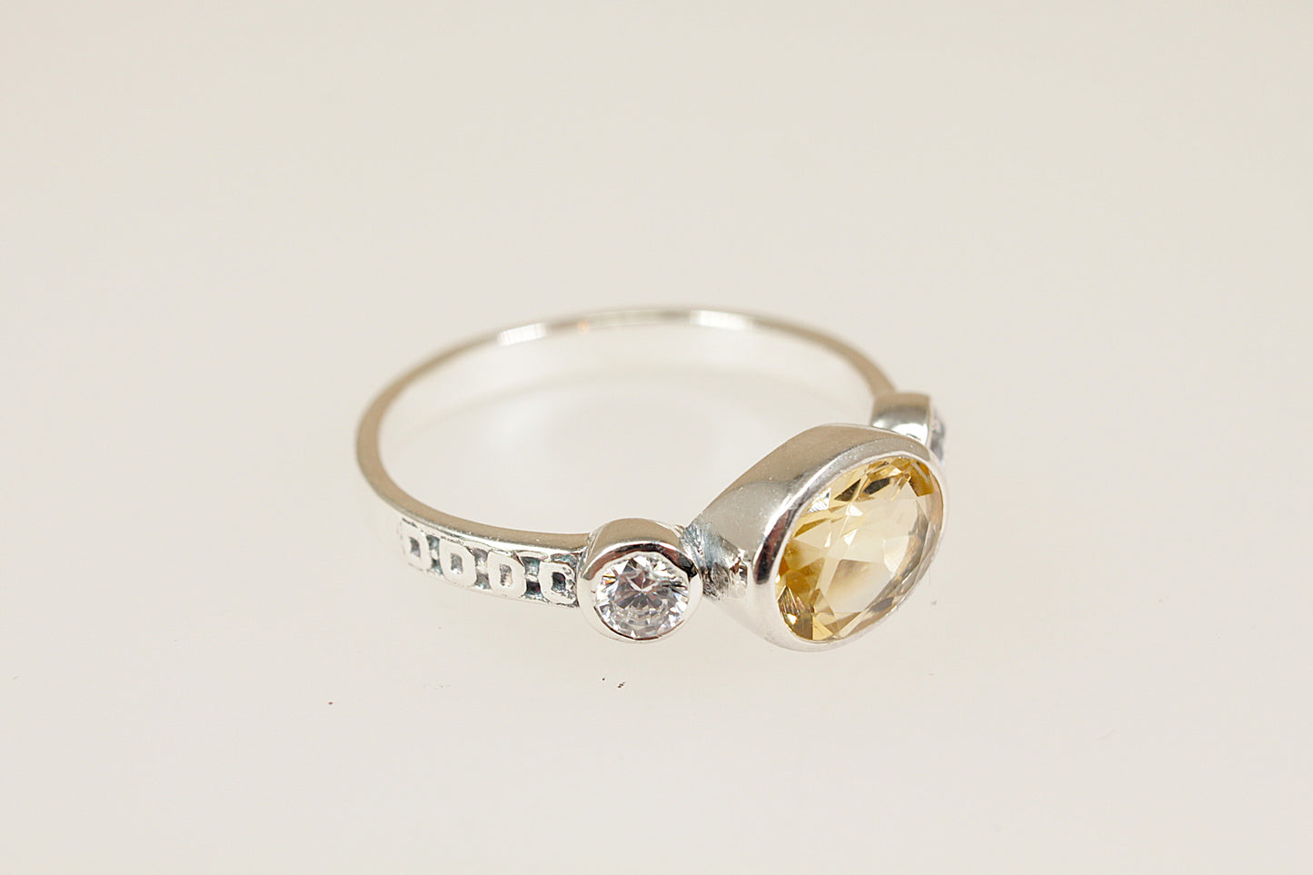 Silver Citrine and C Z Trilogy Ring