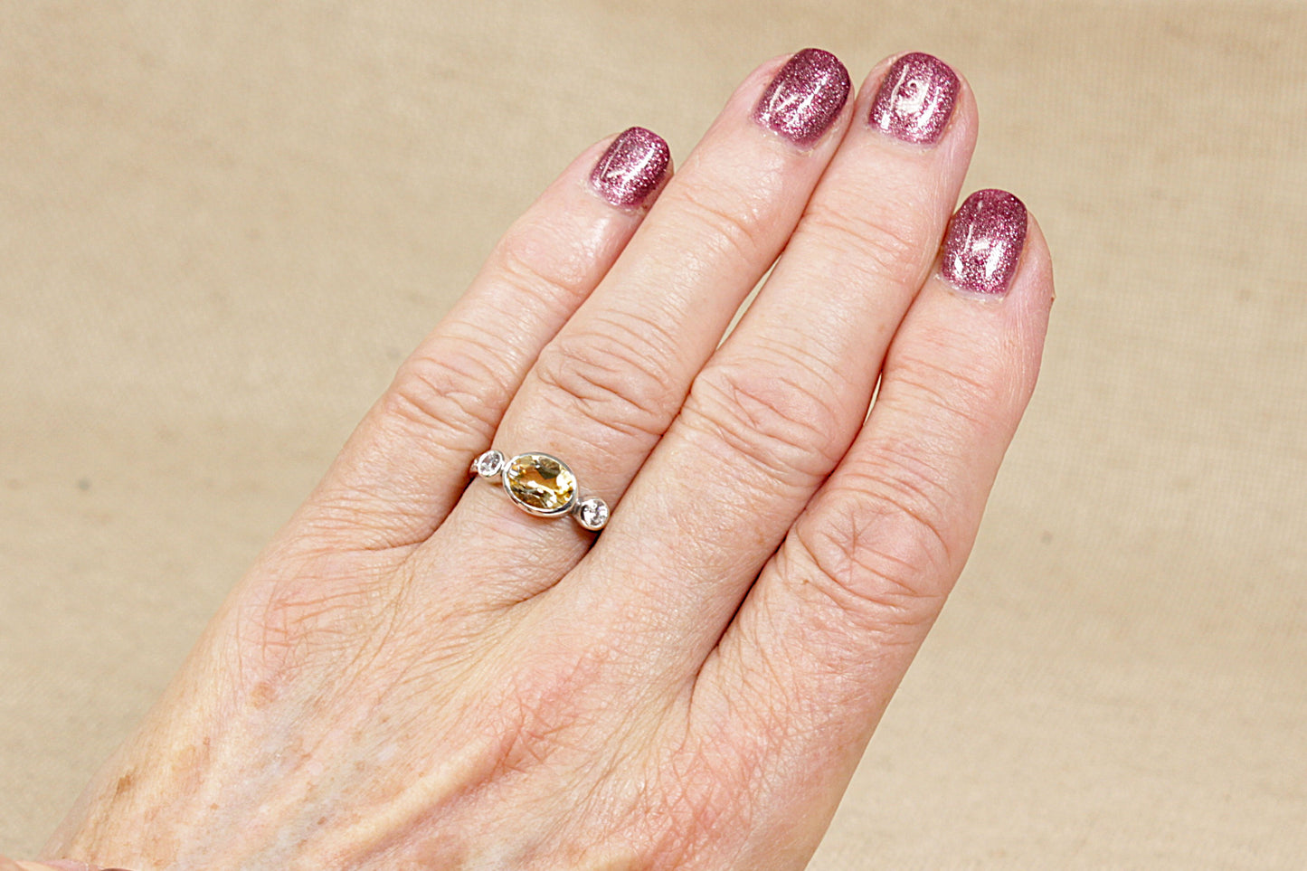 Silver Citrine and C Z Trilogy Ring
