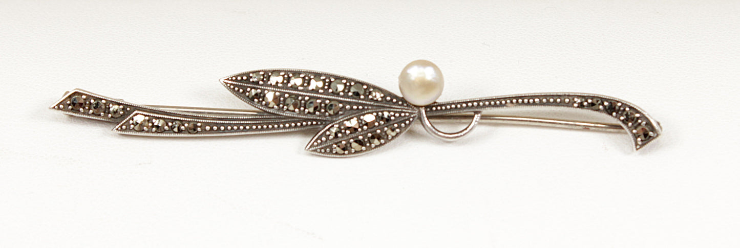 Silver Marcasite, Cultured Pearl Dragonfly Brooch
