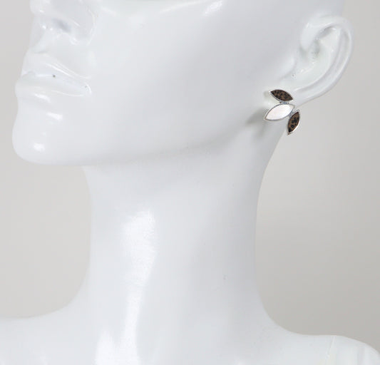 Silver, Mother of Pearl and Leopard Jasper Stud Earrings. in a mannequins ear.